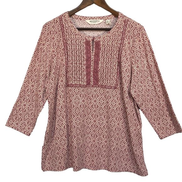 Bridge‎ Hampton Isaac Mizrahi Live Printed Top Women Size L Pink Bib Detail - Picture 1 of 13